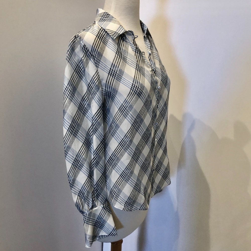 Joie Blue White Plaid Malcah Semi-sheer Silk Top - Picture 4 of 13